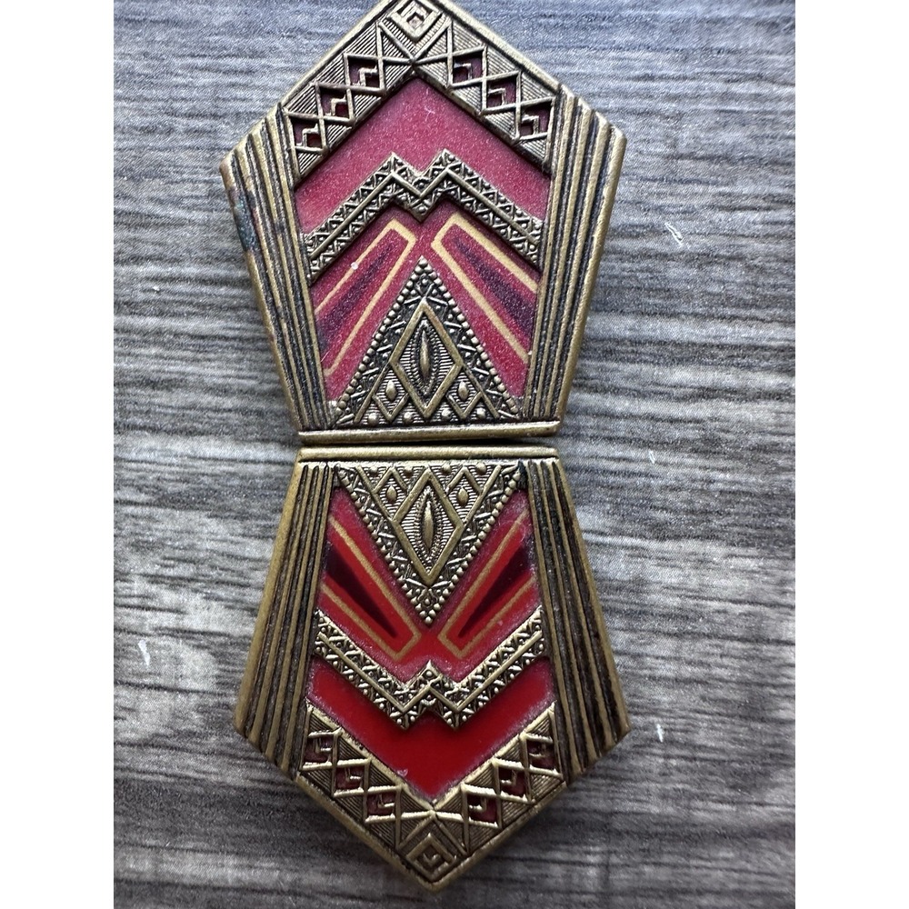 Vintage Czech Art Deco Belt Buckle Clasp Red Enamel Brass Made In Czechoslovakia